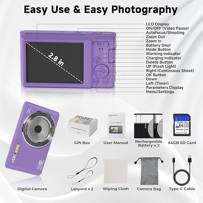 Digital Camera, FHD 4K 44MP Digital Camera, 16X Digital Zoom, Digital Point and Shoot Camera with 3-LED Fill Lights, 64GB SD Card, Compact Camera for Kids Teen Boys Girls, Purple