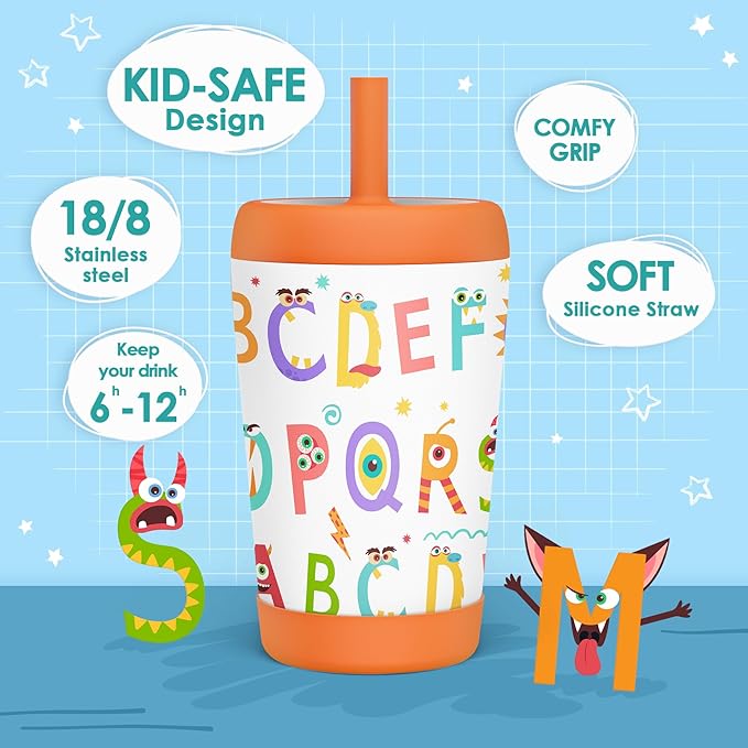Kid Insulated Stainless Steel Tumbler with Silicone Straw, 12oz Sippy Cup for Kids (Alphabet)