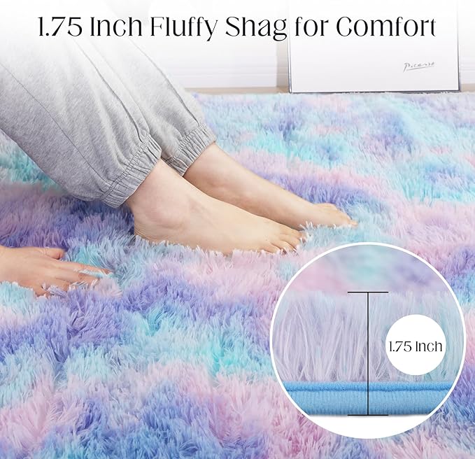 Rainbow Rug for Girls Room, 6x9 Fluffy Area Rugs for Bedroom, Colorful Kids Rug Cute Anti-Skid Indoor Carpet for Nursery, Living Room, Playroom, Home Decor
