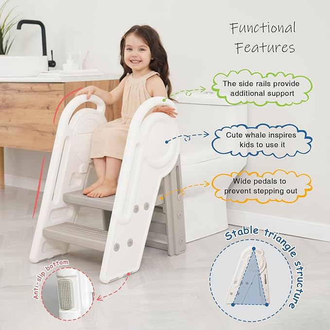 Foldable Toddler Step Stool for Bathroom Sink, Adjustable Kids 3 or 2 Step Stool for Toddlers Bathroom Toilet Potty, Plastic Baby Girl Child Stepping Stool with Handle Rail for Kitchen Counter
