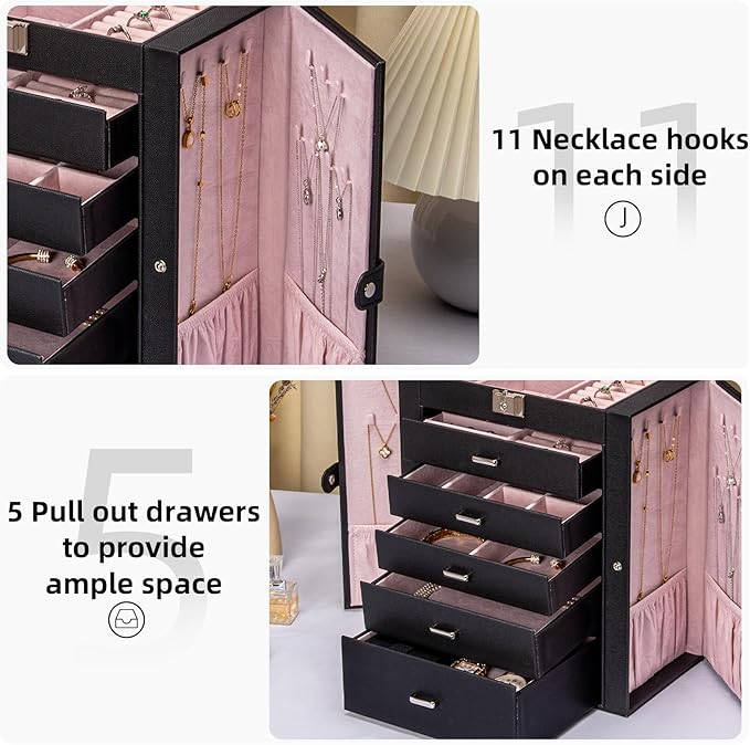 6 Tier Jewelry Box, Jewelry Case with 5 Drawers, Large Storage Capacity, with Mirror, Lockable, Jewelry Storage Organizer, Gift for Loved Ones