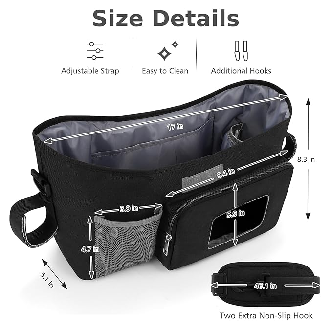 Accmor Universal Stroller Organizer with Insulated Cup Holder, Stroller Caddy Bag Accessories, Stroller Cup Holder Organizer for Uppababy Baby Jogger Britax Stroller, Black