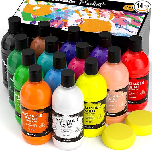 Nicpro 14 Colors Large Washable Paint Set for Kid (16.9 oz, 500 ml), Acrylic Bulk Paint Supplies Non Toxic Children Tempera Paint for Art, Craft DIY, Poster & Finger Paint, School, Party, Classroom