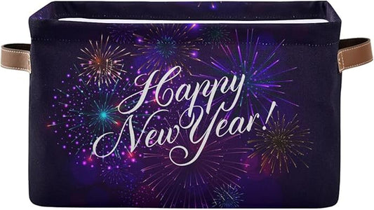 Storage Basket Happy New Year Cube Storage Bins Organizer Bag Collapsible Closet Shelf Baskets with handle for Baby Cloth Pet Toy Book 14.2×10.2×8.3 IN