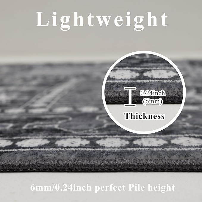 Washable Area Rugs 8x10, Large Rugs for Living Room, Carpet for Bedroom, Soft Faux Wool Retro Dining Room Rug, Non-Slip Backing Resistant Low Pile Vintage Print Rug for Home Office (Grey)