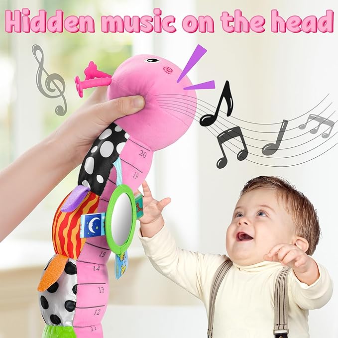 LIGHTDESIRE Baby Toys Musical Caterpillar,Infant Toys Stuffed Animals with Ruler Design,Mirror,Pull String&Ring Bell,Baby Teething Toys for Tummy Time Toys Newborn Gifts 3 6 12 Months(Pink,Leafy Limb)