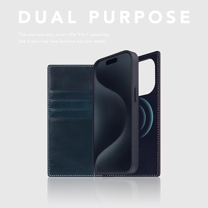 D7 Italian Wax Leather Wallet Case for iPhone 15 Pro - [2-in-1] Handcrafted Detachable Diary Style with Magnetic MagSafe Back Cover, Gift Box Included (Blue)