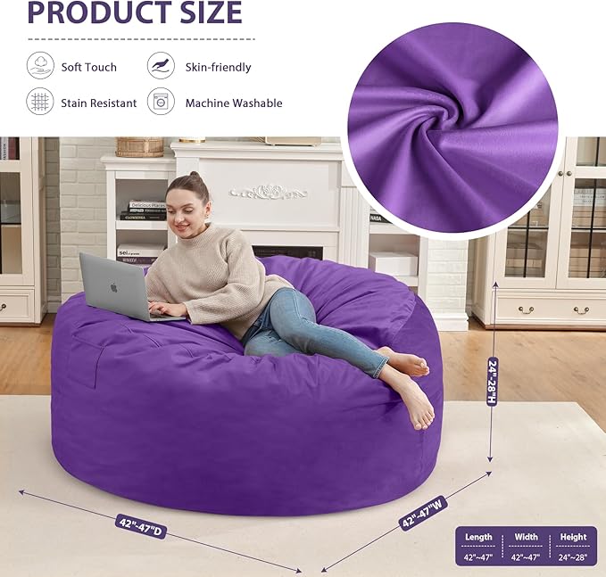 4FT Bean Bag Chair, Large Bean Bag Chairs with Memory Foam Filled, Fluffy Beanbag Sofa with Dutch Velvet Cover, Round BeanBag Chairs for Living Room, Playroom - Purple