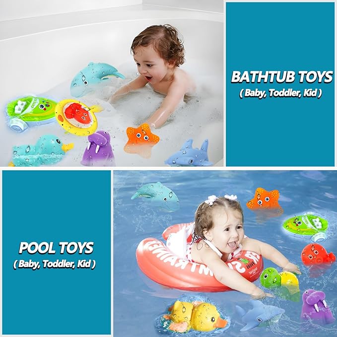 No Hole Bath Toys for Babies 0-6-12 Months+, Wind-up Swimming Ducks & Boat Bath Toys for Kids Ages 1-3, Baby Pool Toys Fishing Net Water Toys Watering Can, Toddler Bath Toys for 1+ Year Old Boy Girl