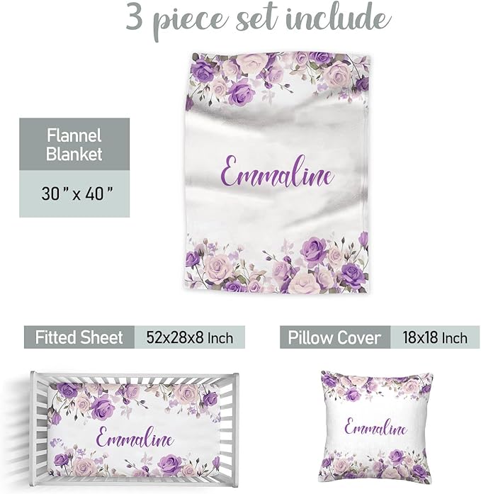Personalized Baby Girl Crib Bedding Set – Custom Name Floral Purple 3-Piece Nursery Set with Soft Flannel Blanket, Fitted Sheet & Pillowcase – Infant & Toddler Bedding Gift