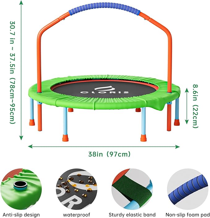 CLORIS 38in/48in Folding Trampoline - Max Load 220lbs / 450lbs Mini Trampoline Rebounder Trampoline for Adults with Adjustable Foam Handle, with safty Padded Cover Best Gift for Kids/Adult
