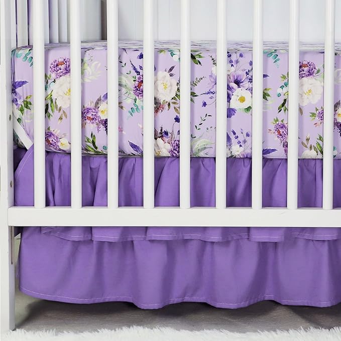 Crib Bedding Set for Girls, Purple Baby Crib Bedding Set 4 Piece, Baby Girl Nursery Bedding Set Including Comforter, Fitted Crib Sheet, Crib Skirt, Diaper Stacker, Floral