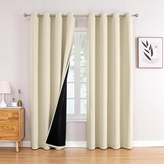 ChrisDowa 100% Blackout Curtains 90 inch Long for Bedroom with Black Liner, 2 Thick Layers Total Blackout Thermal Insulated Grommet Window Curtains 2 Panels Set (Light Beige, 52 x 90 Inch)