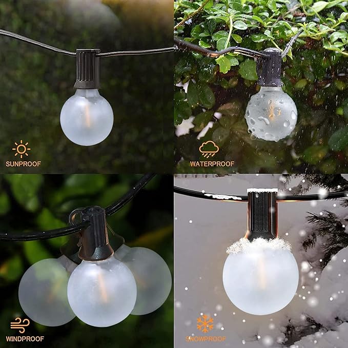 Outdoor LED String Lights, 50Ft with 52 Frosted White LED Globe Bulbs, Waterproof for Indoor/Outdoor Use, Perfect for Garden, Bistro, Pergola, Tents & Decorations, White