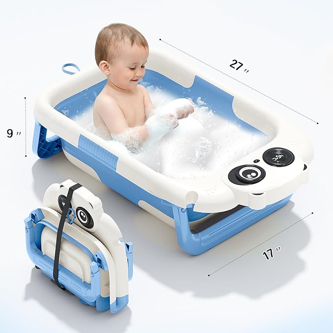 Foldable Baby Bathtub, Lightweight Bathtub for Infants to Toddlers with Soft Cushion & Thermometer, Portable Baby Tub Newborn to Toddler 0-36 Months(Blue)