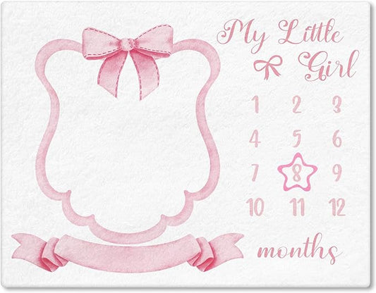 Trendy Pink Bow Coquette Baby Milestone Blanket Coquette Flannel Blanket Newborn Infant Swaddle Growth Baby Frame for Boys Girls Nursery (Bow, Pink)