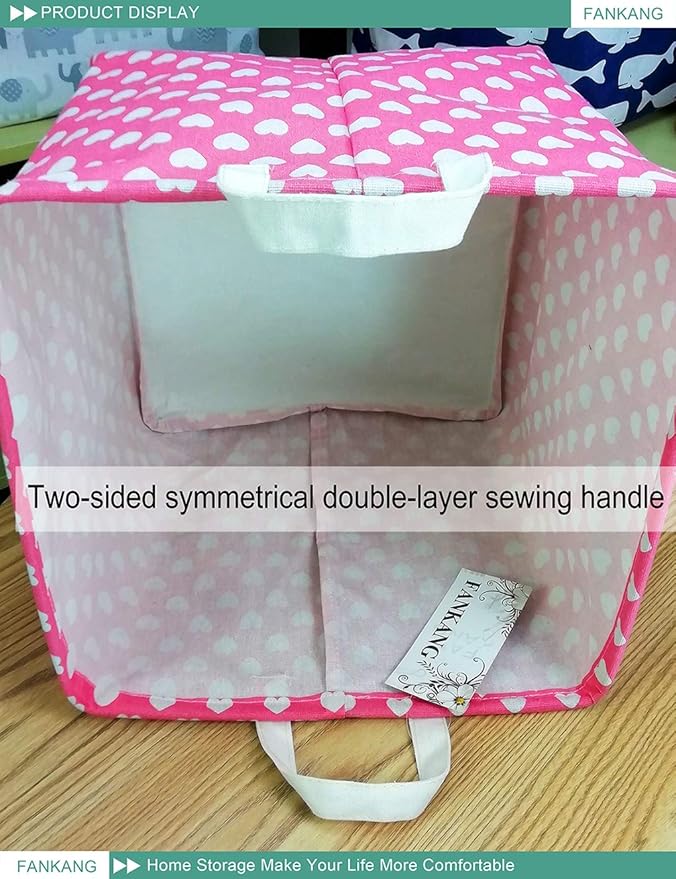 FANKANG Square Nursery Hamper Storage Bins Canvas Laundry Basket Foldable with Waterproof PE Coating Storage Baskets Gift Baskets for Children, Office, Bedroom, Clothes（Square-Pink Heart ）