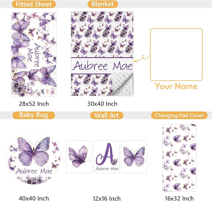 Personalized Baby Bedding Set, 5 Pcs Custom Toddlers Bedding Set with Infant Name, Soft Double Layer Nursery Crib Set for Girls Boys, Customized Infants Gifts for Baby Shower, Purple Butterfly