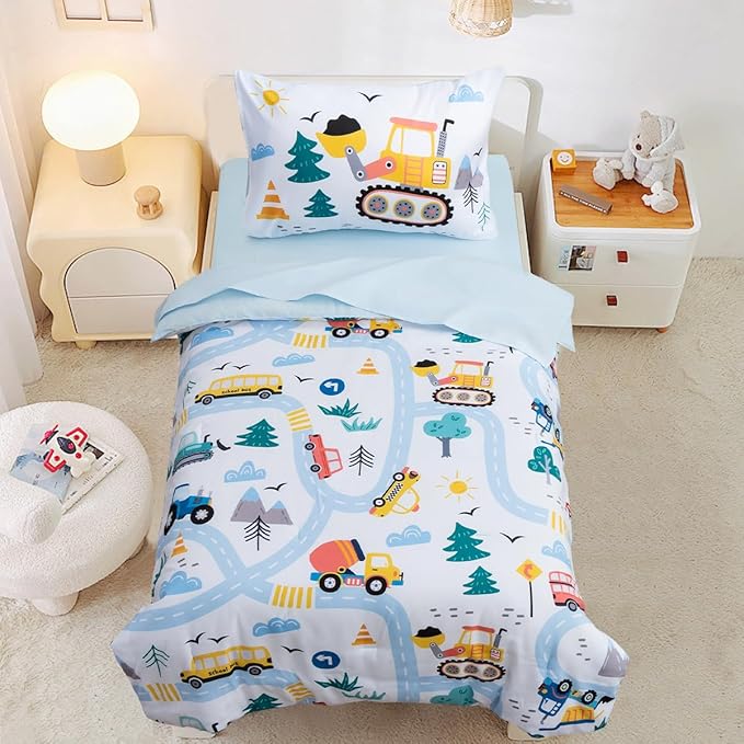 NTBED 4 Pieces Construction Toddler Bedding Set for Baby Boys, Truck Vehicles Excavator Cars Printed, Includes Comforter, Flat Sheet, Fitted Sheet and Pillowcase,Light Blue