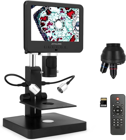 JL246P 3 Lens 7'' LCD Digital Microscope 1000X, Biological Microscope with Prepared Slides for Adults and Kids,12MP for Coin Microscope Full Coin View, 32G Card, Multiple Lights