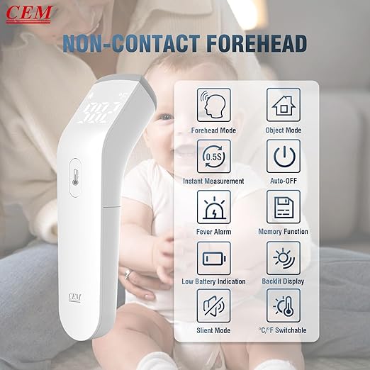 CEM DT-8807S FDA CE Digital Thermometer for Adults and Kids, No Touch Forehead Thermometer for Baby, 2 in 1 Body Surface Mode Infrared Temperature Gun with Fever Alarm and Instant Accuracy Readings