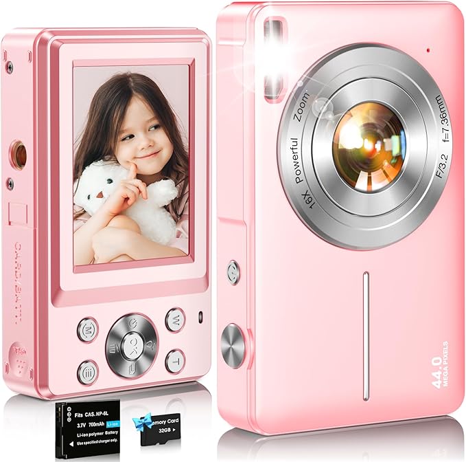 Digital Camera,FHD 1080P Kids Camera 44MP Point and Shoot Digital Cameras with 32GB Card,16X Zoom,Anti-Shake,Date Stamp,Compact Small Cameras Photography for Kids Student Teen Girl Boy(Pink)