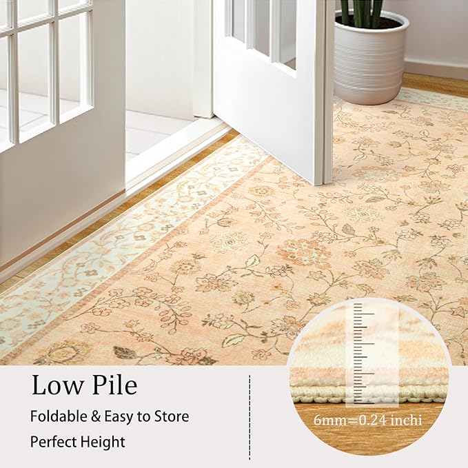 LOCHAS Washable Area Rugs 8x10, Peach Floral Rug for Living Room Bedroom Non Slip, Ultra Soft Vintage Indoor Carpet for Kids, Nursery, Dorm, Dining Room, Classroom, Boho Flower Home Decor, Low-Pile
