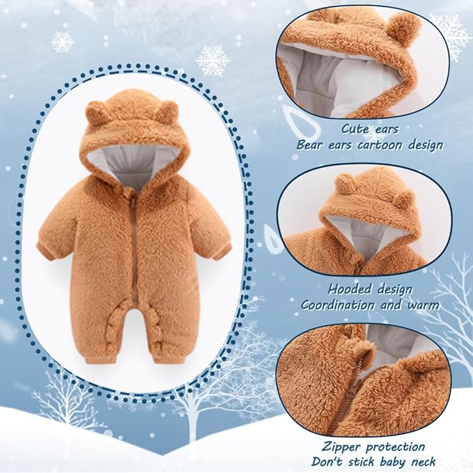 Newborn Baby Bear Outfit Suit Girls Boys Fleece Jumpsuit Romper Hooded Winter Snowsuit Clothes