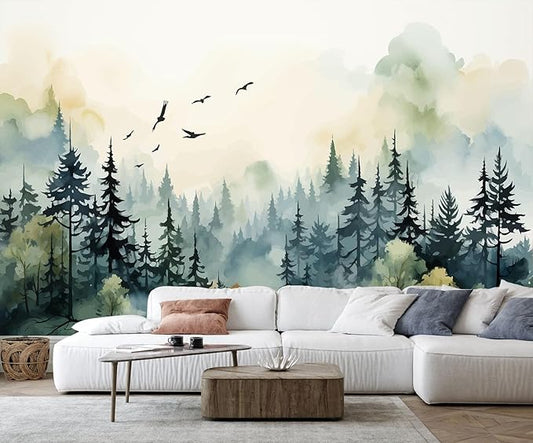 Green Watercolor Forest Wallpaper Woodland Nature Landscape Wall Mural for Living Room Bedroom Dining Room Office(Not Self-Adhesive)