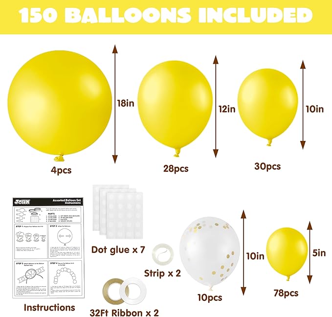 JOYIN 150 Pcs Yellow Balloons, Different Sizes 18 12 10 5 Inch Yellow Latex Balloon Arch Kit with Instruction for Birthday Party Graduation Wedding Holiday Decoration