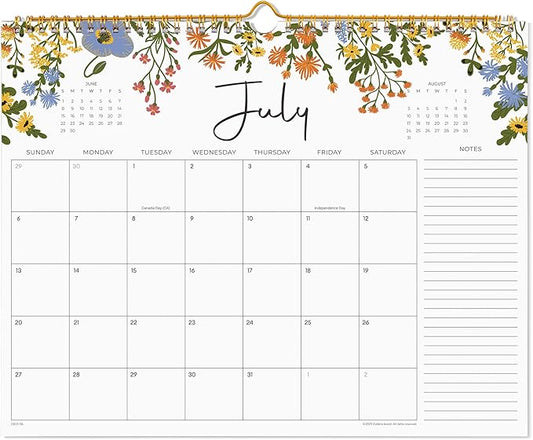 2025-2026 Calendar, Cabbrix Wall Calendar 2025, 18 Months Calendar Runs From July 2025 - December 2026, 15" x 12", Twin-Wire Binding, Hanging Hook, Floral Design