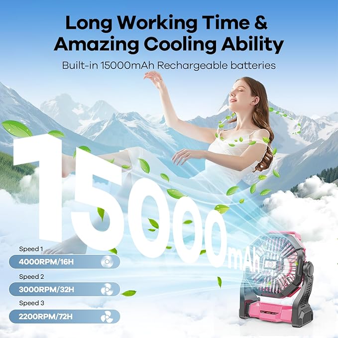 15000mAh Portable Battery Powered Camping Fan - with LED Light, Quiet Battery Operated, Camping Gear for Travel, Tent, Beach, Car or Hurricane Power Outages, Pink