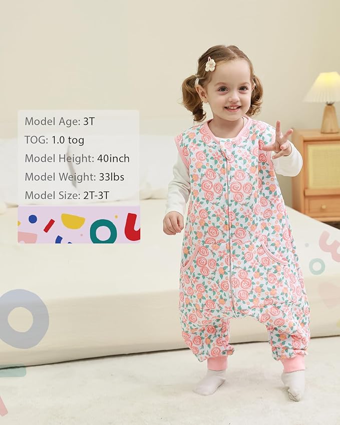 HOMEAL 1.0Tog Sleep Sack, Toddler Sleep Sack with Feet, 5T-7T Sleep Sack Toddler,Toddler Sleeping Sack with Legs,Pink Rose