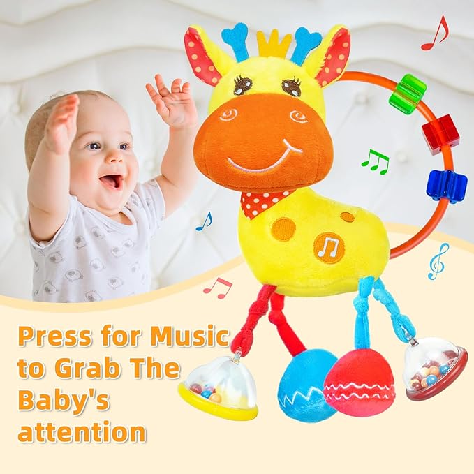 Baby Sensory Toys 0-6 3-6 Months,Infant Baby Musical Stuffed Animal Activity Soft Toys, 3+ Months Rattles Teething Toys for Babies,Tummy Time Toy Gifts for 0-3-6-12 Months Boys, Girls