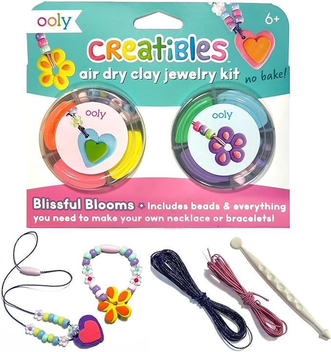 Ooly Creatibles Air Dry Clay Jewelry Kit for Kids, DIY Art Jewelry Making Kit with 6 Clay Colors, Beads, Shaping Tool, and Elastic Yarn, Non-Toxic Summer Crafts for Kids Ages 6 and Up