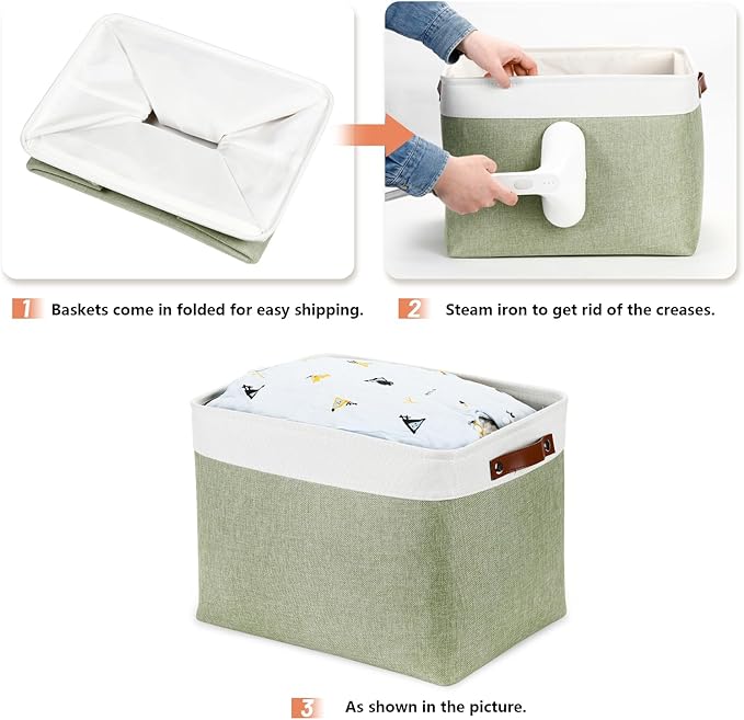 DULLEMELO 16 inch Fabric Storage Basket, Decorative Storage Boxes with Leather Handle for Closet Shelf Nursery, Collapsible Linen Storage Bins for Organizing Toys Book Towel Organizers(White&Green)
