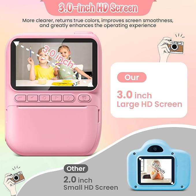 Instant Print Camera for Kids, 3.0" HD 32MP Kids Camera 1080P with 3 Rolls of Printer Paper, Birthday Gifts Toy for 3-12 Year Old Girls Boys with 32GB SD Card-Pink
