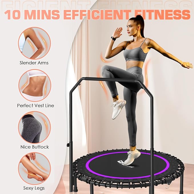 BCAN 40"/48" Mini Rebounder Trampoline for Adults with Bar, 450/550LBS Fitness Trampoline with Bungees, Adjustable Handle, Stable & Quiet, Indoor Outdoor, Whole-Body Workout & Relaxation at Home