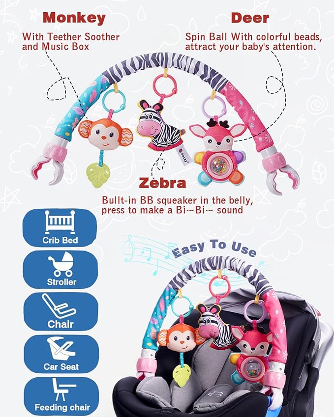 Pau1Hami1ton Baby Stroller Arch Toys, Car Seat Toys,Bouncer Toy Bar/Mobile for Bassinet,Adjustable Baby Hanging Toys Fit for Crib Bed,Stroller,Car Seat.S-19(Pink Zebra)