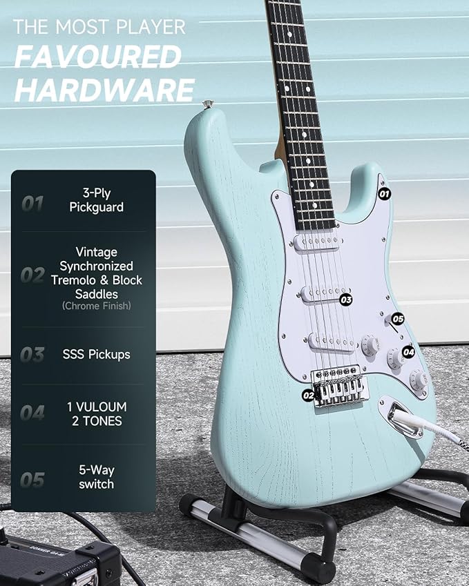 DONNER DST-80 Electric Guitar 39” Beginner Electric Guitar Kit with Amp, Classic SSS Pickup Complete with Gig Bag, Tuner, Capo, Strap, Picks, and Free Online Lessons