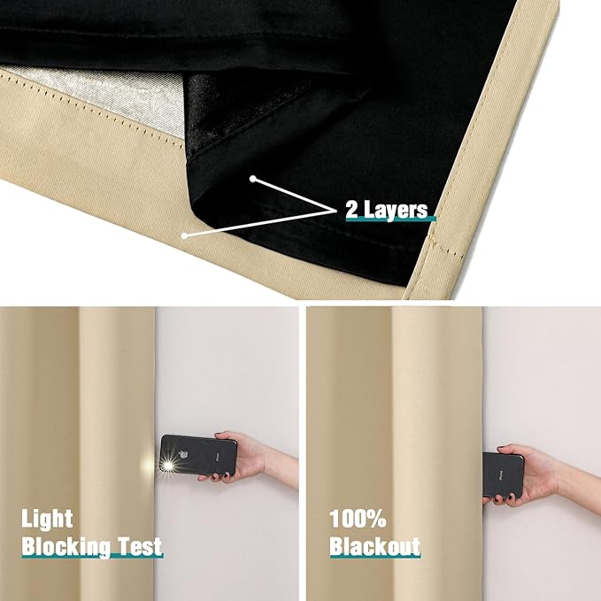 ChrisDowa 100% Blackout Curtains for Bedroom with Black Liner, 2 Thick Layers Total Blackout Thermal Insulated Grommet Window Curtains 2 Panels Set (Beige, 52 x 84 Inch)