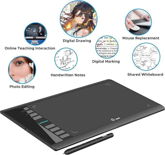 Graphics Drawing Tablet, UGEE M708 10 x 6 inch Large Digital Drawing Pad with 8 Hot Keys 8192 Levels Pen, Graphic Tablets for Computer Graphic Board Creation Sketch for PC/Laptop/Mac OS/Linux/Chrome