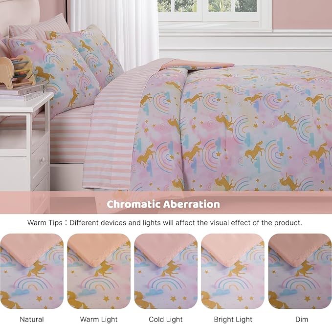 Queen Comforter Set with Sheets for Girls-7 Pieces Queen Bedding Sets with Pink Comforter, Sheets, Pillowcases & Shams for Kids (Gold Unicorn, 90" X 90")