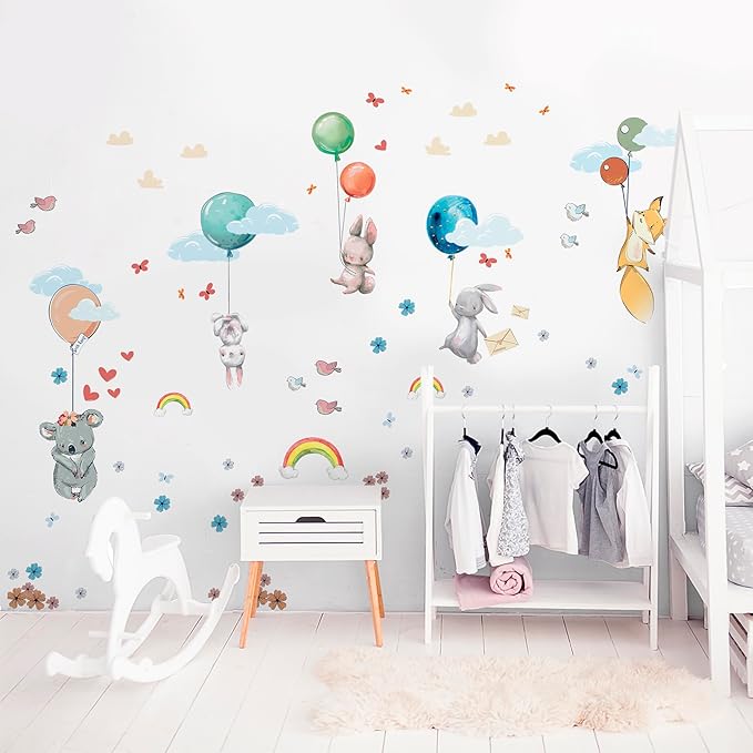 Hot Air Balloon Wall Decals by Lipastick - Peel and Stick Animal Stickers Raccoon, Fox, Koala, Panda for Kids Room, Nursery, Playroom, Bedroom - Playroom Wall Decals for Boys, Girls, Babies - M Size