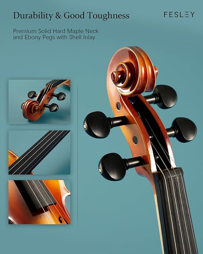 Fesley Violin Fiddle Full Set: 4/4 Polished Violin Kit for Beginners, Acoustic Violin with Hard Case, Solidwood Hand Made Starter Kit with Bow, Rosin, Shoulder Rest, Tuner, Extra Strings