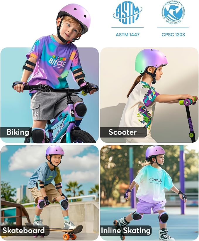 Kids Bike Helmet and Pads Set for Ages 2–14, CPSC Certified Adjustable Helmet with Knee Elbow Wrist Guards, for Skateboard, Scooter, Skating, Rollerblading, Multi-Sport Protective Gear
