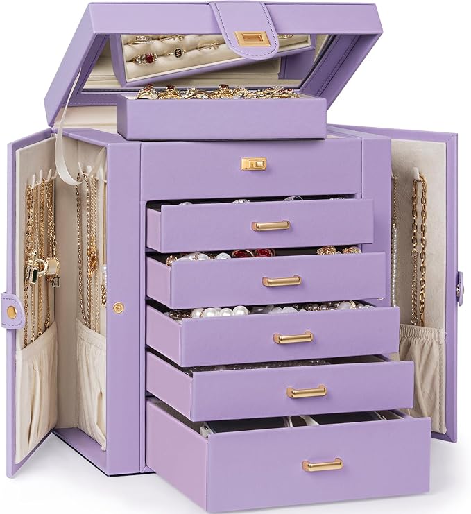 AKOZLIN 6-Tier Jewelry Box Organizer Functional 5 Drawers Leather Jewelry Storage Case for Women Girls Ring Necklace Earring Bracelet Holder Organizer with Mirror Violet