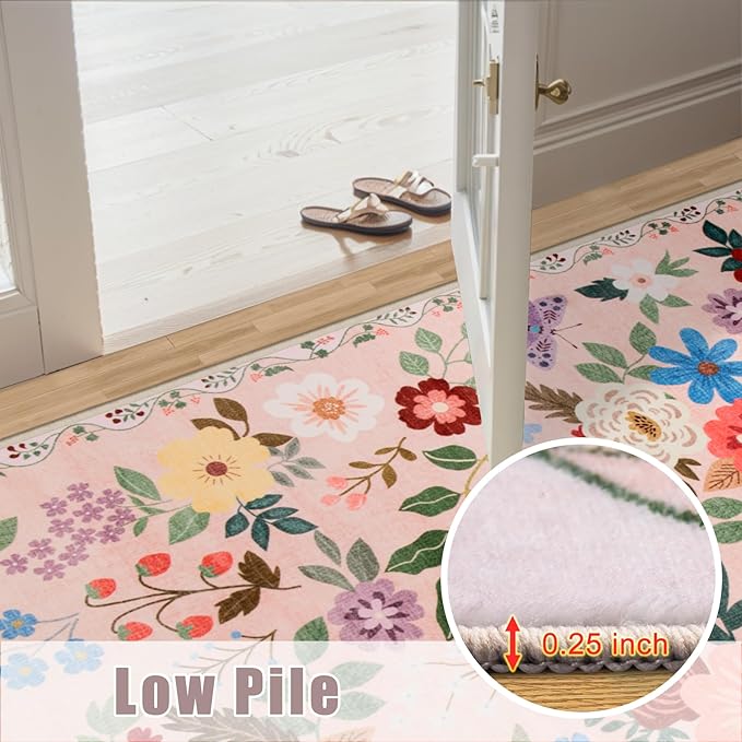 Entryway Rug 2X3 Small Rugs: Floral Washable Door Mat Vintage Soft Low Pile Non-Slip Kitchen Rugs Stain Resistant Indoor Throw Rug for Entrance, Bedroom, Kitchen, Laundry, Bathroom Beige