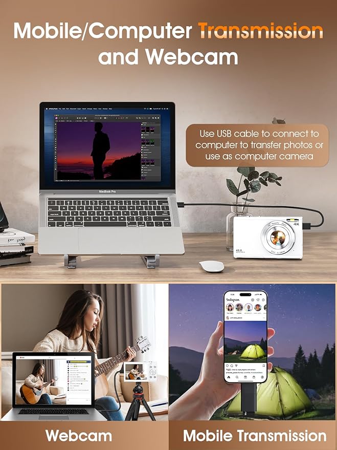 Digital Camera,Autofocus 4K Vlogging Camera for Photography with 32GB Card,48MP Portable Compact Point and Shoot Digital Camera for Teens Adult Beginner with 16X Zoom,Anti-Shake,2 Batteries(White)