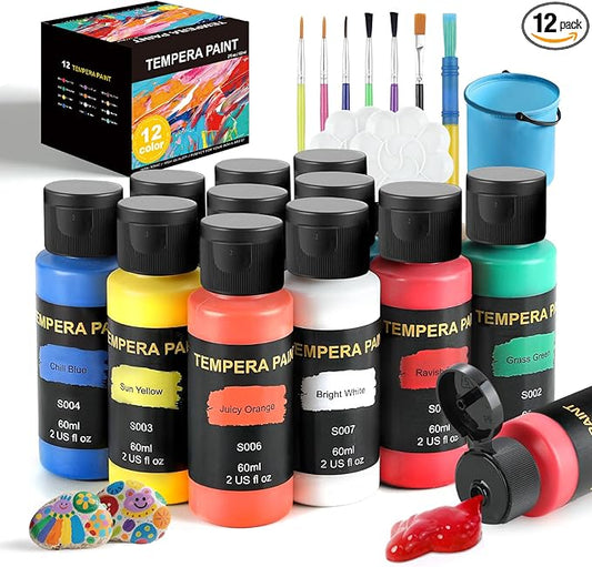 TMOL Washable Paint for Kids 12 Colors, Non-Toxic, Safe & Washable for Toddlers, Tempera Paint with Brushes, Palette & Bucket, School Project Art Supplies